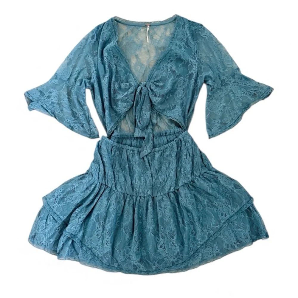 New! Free People Lala Lace Mini Dress Cutout Tie Front Blue size XS